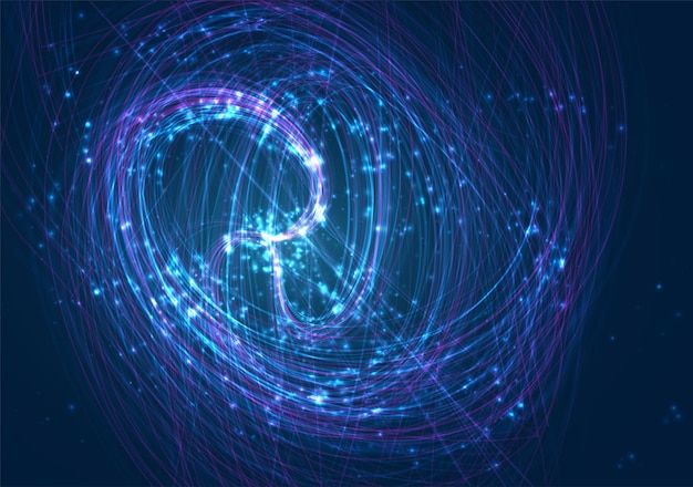 Vector chaotic spiral on blue background with bright flares glare