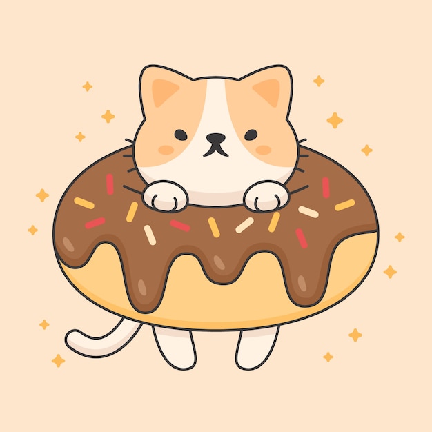 Vector vector character of cute cat in a chocolate doughnut