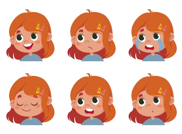 Vector vector character funny. illustration of cute faces of redhead schoolboy girl showing different emotions. avatar isolated on white clipart