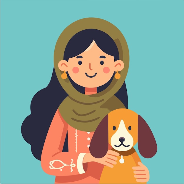 Vector character of a girl with a dog simple and minimalist flat design style