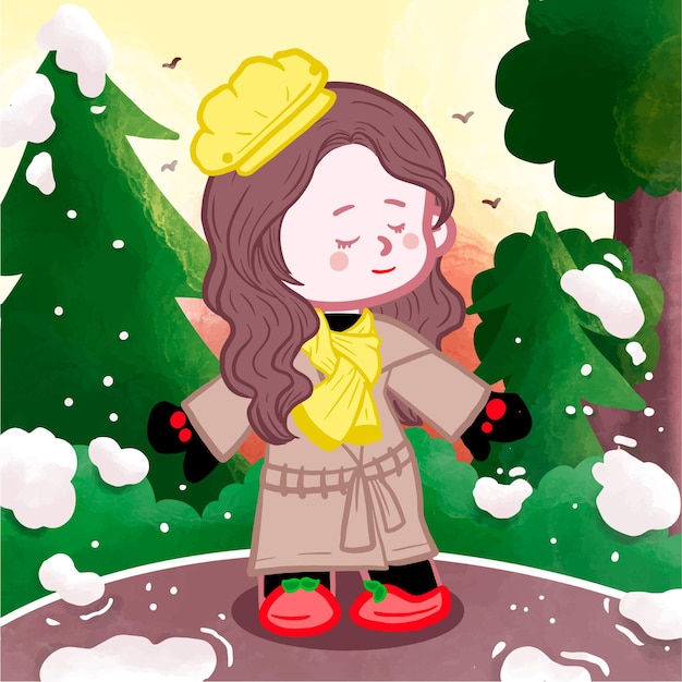 vector character illustration of cute girl using yellow ivy cap at the end of winter