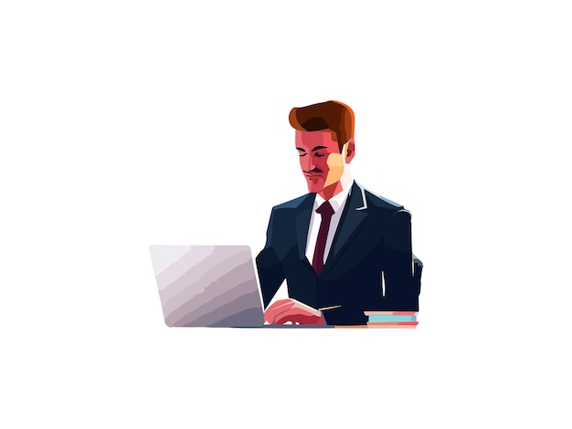 Вектор Векторная иллюстрация человека, работающего в офисе, бизнесмена, работающего на ноутбуке.