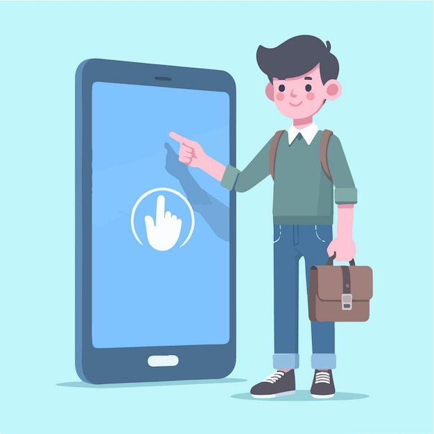 Vector vector character of a man standing with a smartphone minimalist flat design style