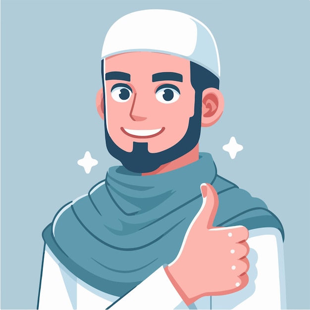 Vettore personaggio vettoriale di un ragazzo musulmano che esprime un pollice in alto in uno stile di design piatto