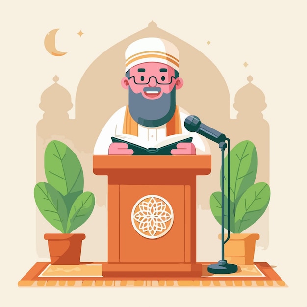 Векторный характер мусульманского имама, читающего лекцию, читающего книгу в минималистском стиле плоского дизайна
