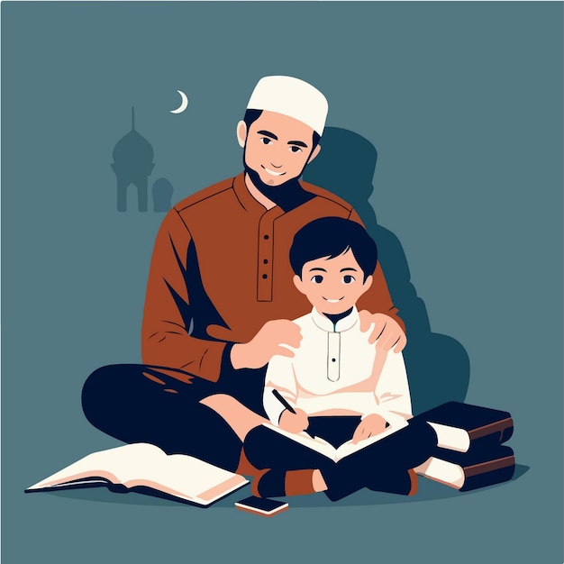 Vector character of a muslim kid studying minimalist flat design style