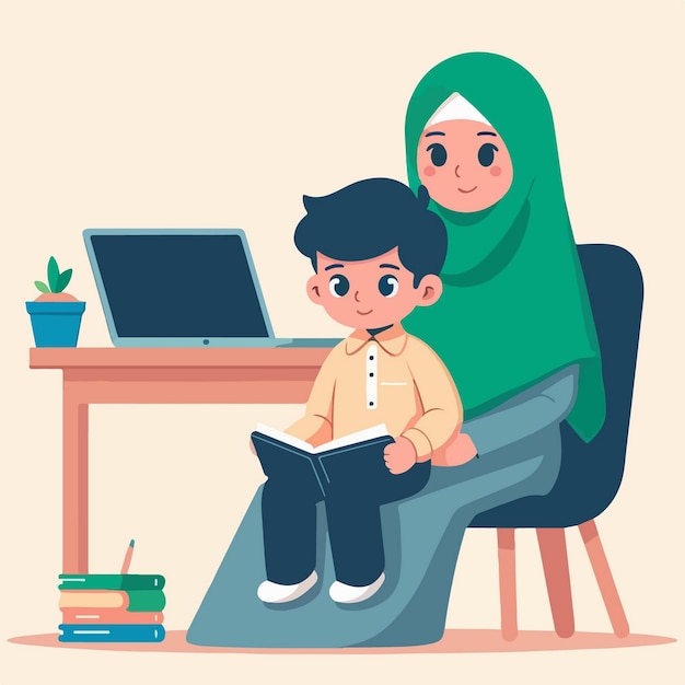 vector character of a muslim kid studying minimalist flat design style