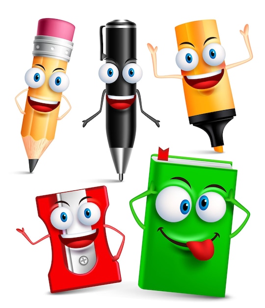 Vector vector character of school items funny mascot 3d set with gestures and facial expressions