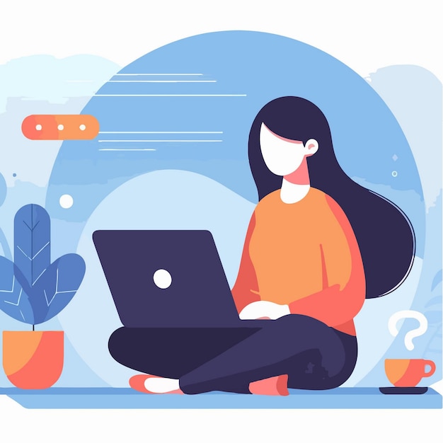 Vector vector character of a woman is sitting working while carrying a laptop minimalist flat design style