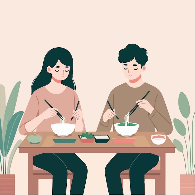 一緒に食べている大人のカップルのベクトルキャラクター