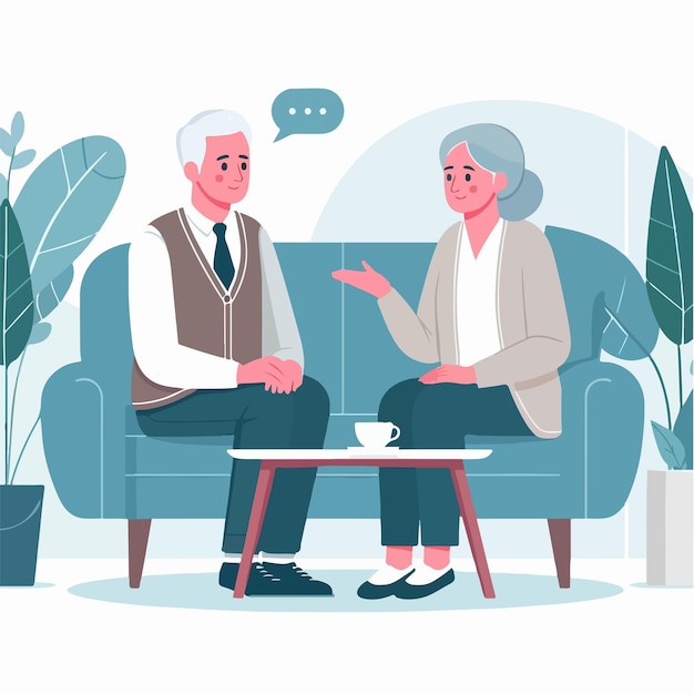 Vector characters of grandparents chatting in a simple and minimalist flat design style