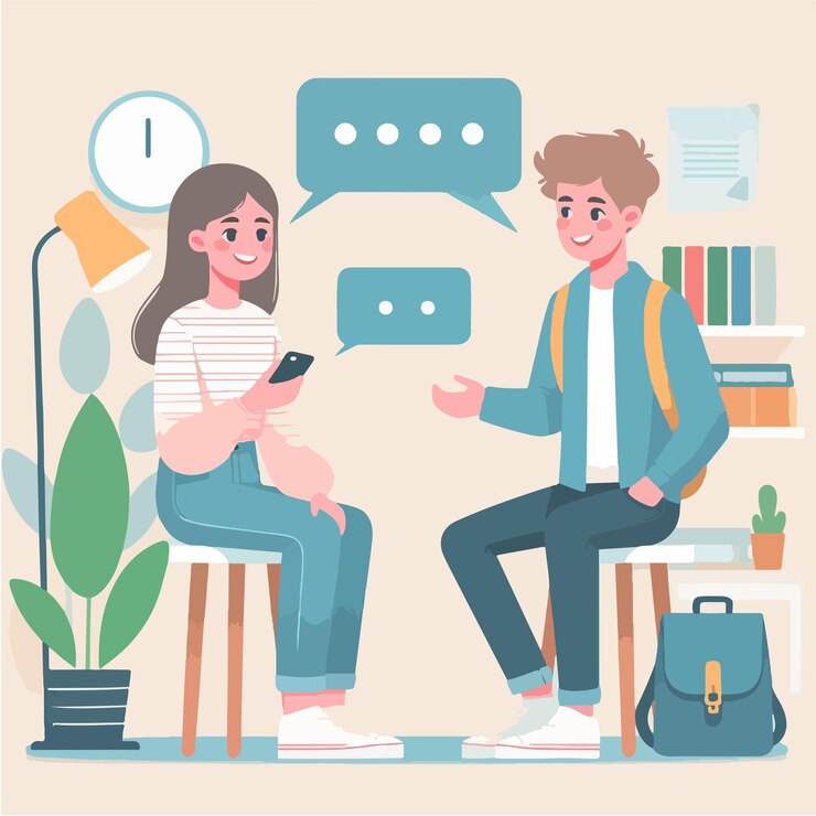 Vector 단순하고 미니멀한 플래트 디자인 스타일로 이야기하는 십대 커플의  ⁇ 터 캐릭터