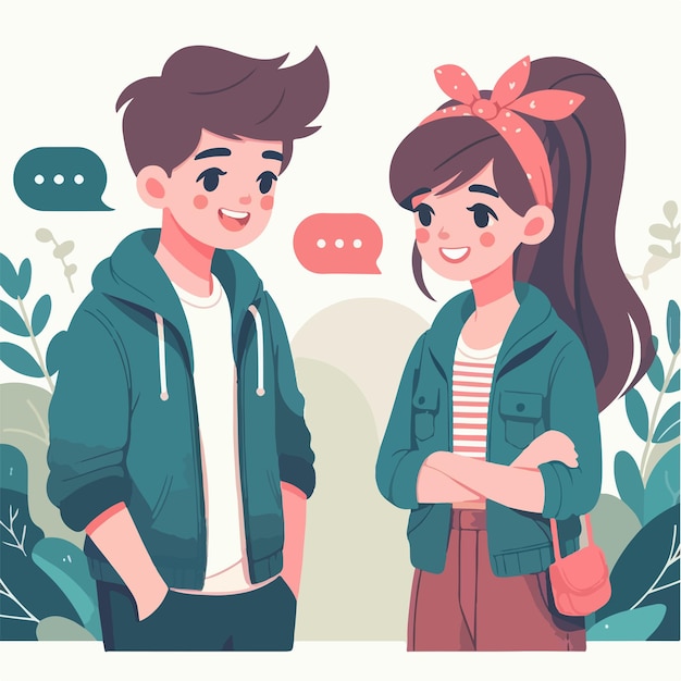 Vector vector characters of a teenage couple talking in a simple and minimalist flat design style