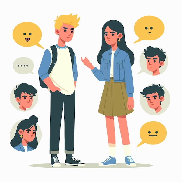 Векторные персонажи подростковой пары, разговаривающие в простом и минималистичном стиле плоского дизайна