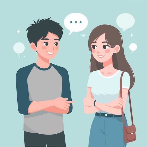Vector characters of a teenage couple talking in a simple and minimalist flat design style