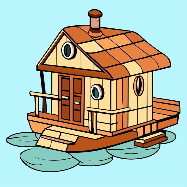 Vector vector charmante houten huis boot cartoon afbeelding