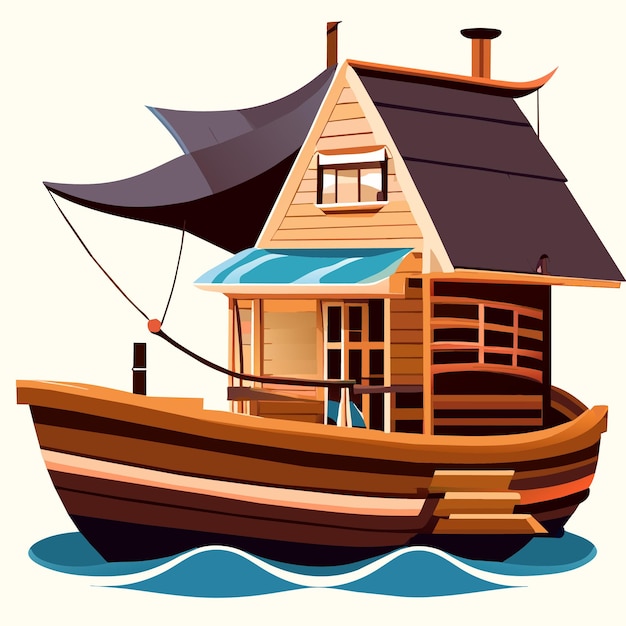 Vector vector charmante houten huis boot cartoon afbeelding