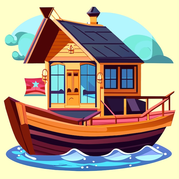Vector charmante houten huis boot cartoon afbeelding