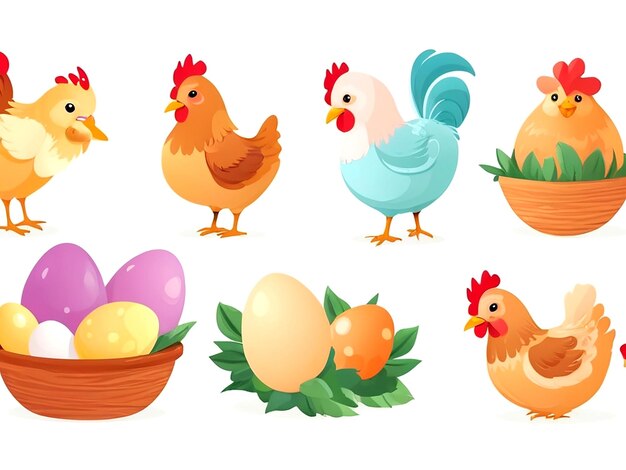 Vector vector charming set of chicken hen and eggs isolated