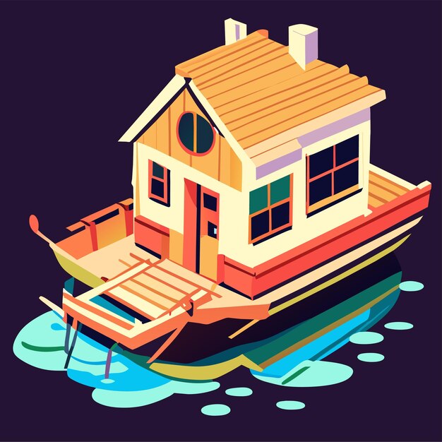 Vector vector charming wooden house boat cartoon illustration