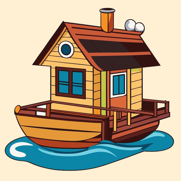 Vector vector charming wooden house boat cartoon illustration