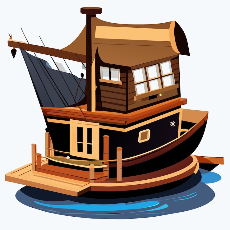 Vector vector charming wooden house boat cartoon illustration