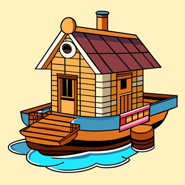 Vector vector charming wooden house boat cartoon illustration