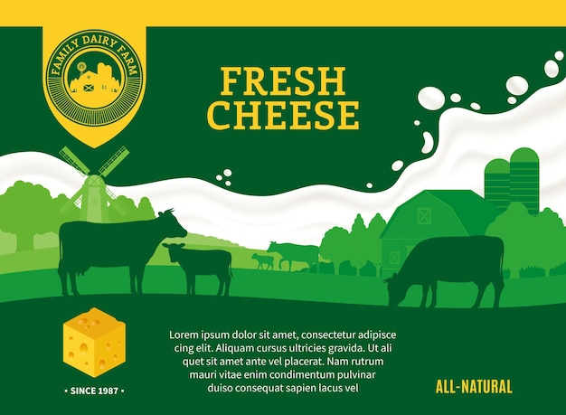 Vector vector cheese illustration with rural landscape cows and calves for groceries agriculture stores