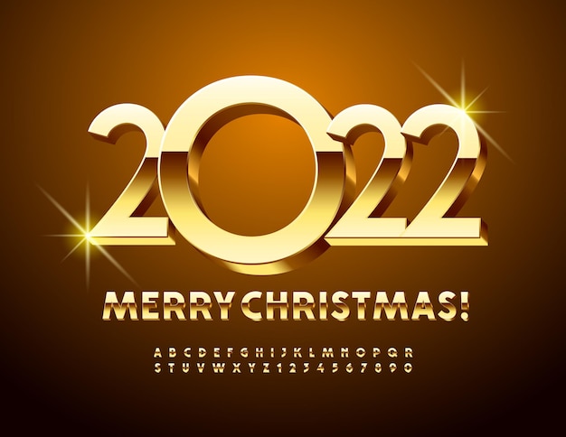 Vector chic biglietto di auguri buon natale 2022 alfabeto oro 3d lettere e numeri set