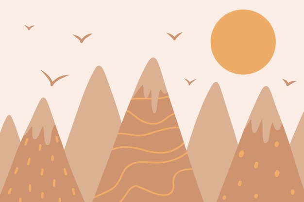 ベクトル スカンジナビアスタイルのベクトル子供っぽい描かれた山のイラスト山の風景太陽と鳥の子供の壁紙山の風景子供部屋のデザイン壁の装飾子供の自由奔放に生きるスタイル