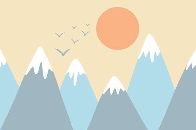 スカンジナビアスタイルのベクトルの幼稚な描かれた山のイラスト山の風景の太陽と鳥の子供の壁紙山の風景の子供部屋のデザインの壁の装飾