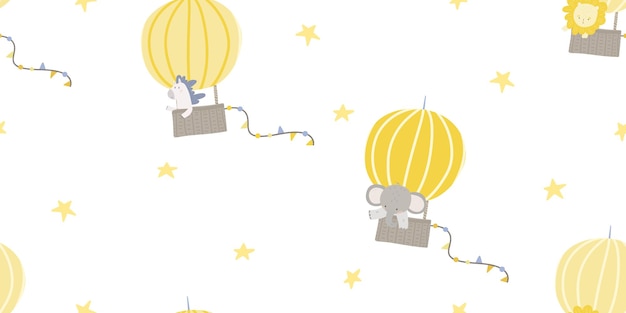 Vector childish seamless pattern hot air balloon transport and cute animals with stars and clouds