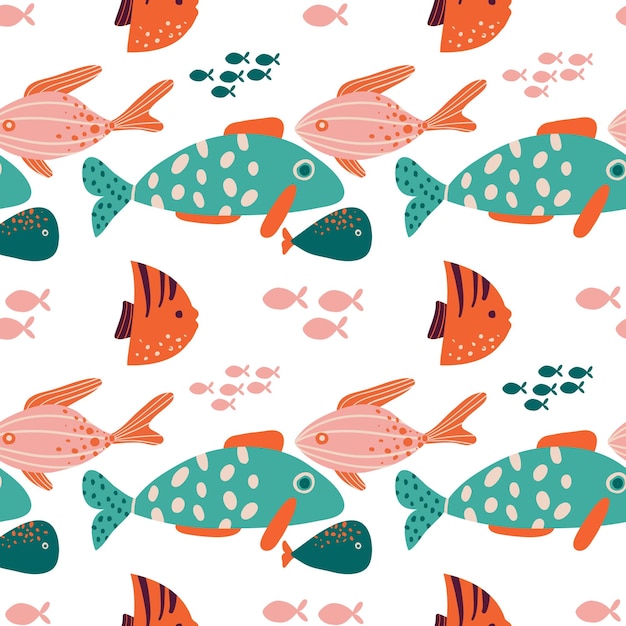 Vector childish seamless repeating simple flat pattern with hand drawn fish on dark background