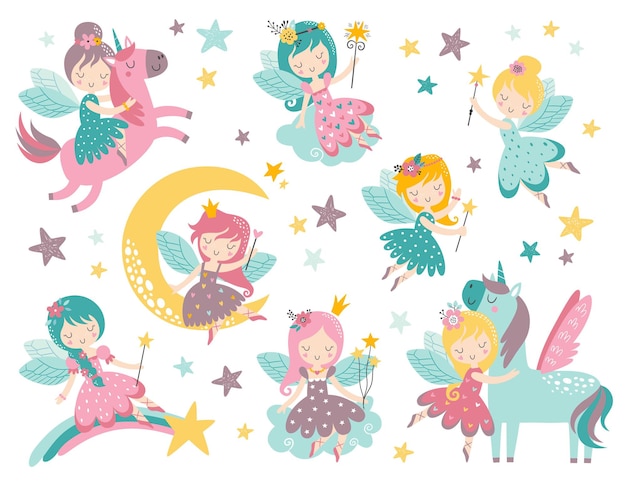 Vector vector childish set with fairy flowers unicorn rainbow and other elements