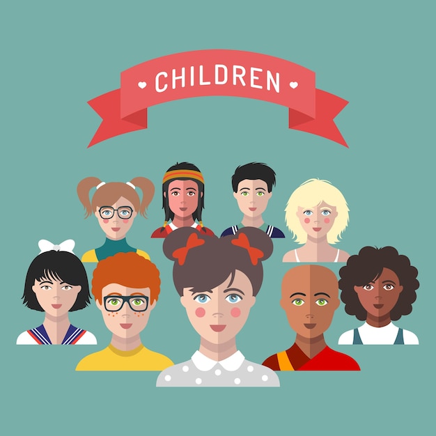 ベクトル子供アバタートレンディなフラットスタイルのさまざまな国籍の子供たちの顔のセット女の子と男の子の肖像画ウェブアプリアイコンのサイン