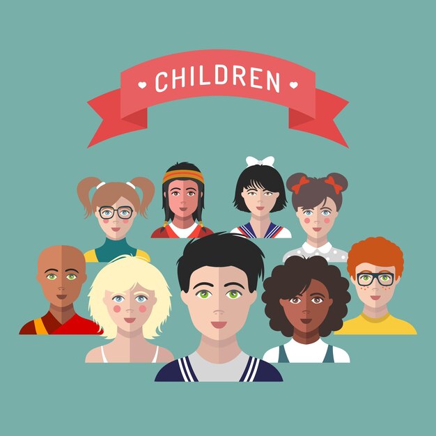 Avatar per bambini vettoriali set di volti di bambini di diverse nazionalità in stile piatto alla moda icone di app per ritratti di ragazze e ragazzi