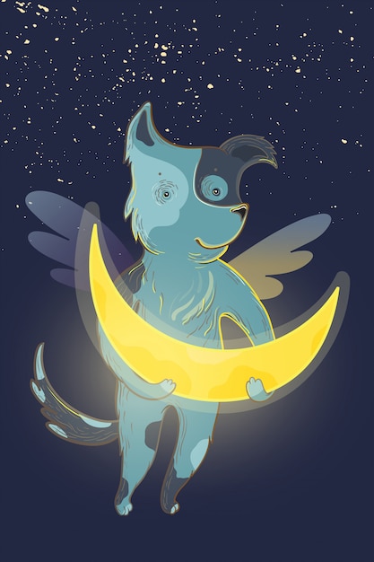 Vector children fairy illustration with dreamy dog and moon.