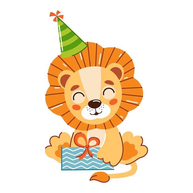 Vector children's animal character on a white background Cute lion celebrating birthday A collection for a children's birthday Illustration for a greeting card to a child