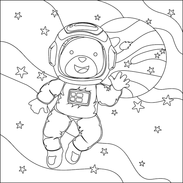 Vettore libro da colorare per bambini vettoriali simpatico orso astronauta vola nel libro da colorare spaziale