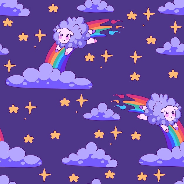 Vector children's seamless pattern for children with cute sheep, rainbow, stars night