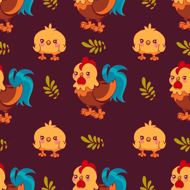귀여운 닭, 수탉, 닭, 풀을 가진 아이들을 위한 벡터 어린이의 매끄러운 패턴입니다.