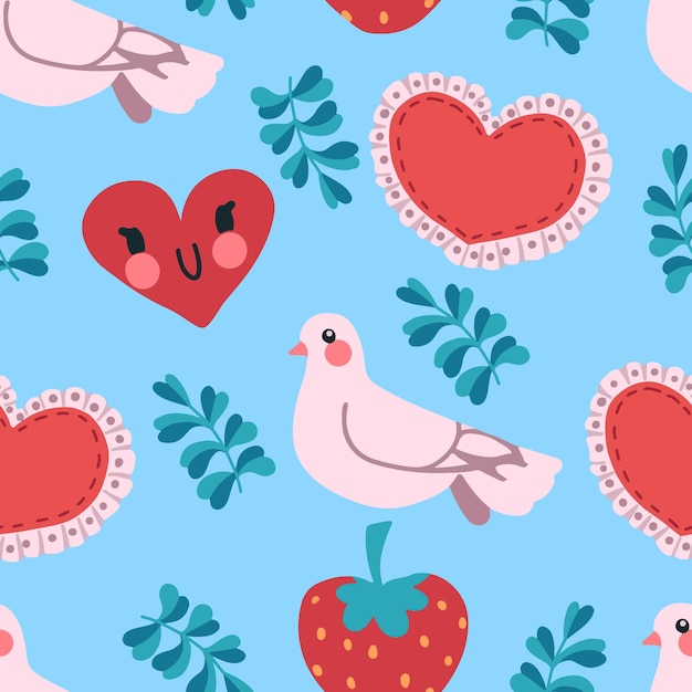 Vector vector children's seamless pattern with dove, hearts and plants for valentine's day