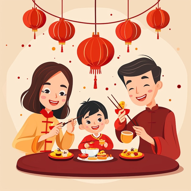 Vector of chinese family having dinner