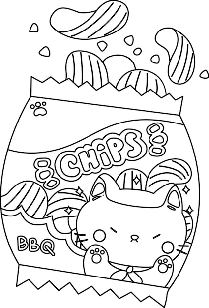 a vector of chips with cute cat design in black and white coloring