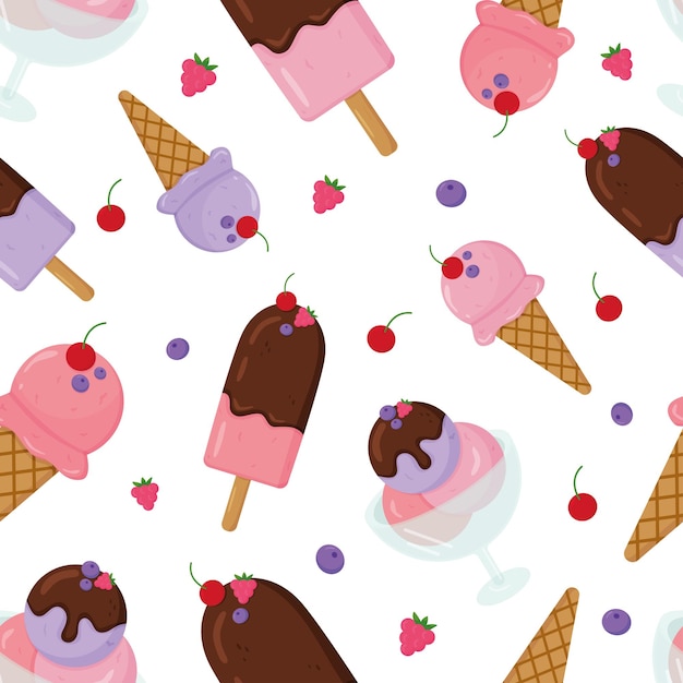 Vector chocolade en bessen ijs semless patroon. Cartoon kleurrijke illustratie