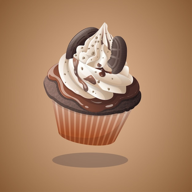 Vettore vector cioccolato brownies cupcake con salsa di cioccolato e biscotti e crema illustrazione