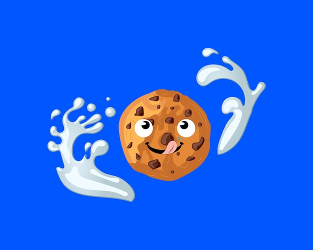 Vector chocolate oat cookie in milk splashes cartoon illustration