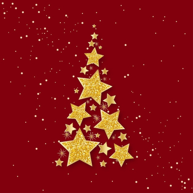 Векторная рождественская абстрактная ель из сияющих золотых звезд. Светящийся фон с блестками и золотыми звездами. Рождество и новый год.