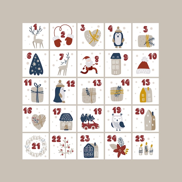 Векторный рождественский адвент-календарь с элементами дизайна, нарисованными вручную. Скандинавский набор для печати.