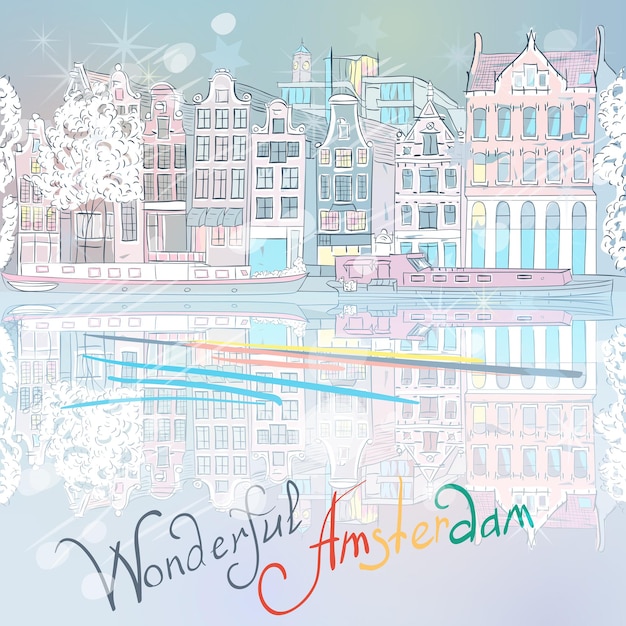 ベクトル ベクトルクリスマスアムステルダム運河と典型的な家